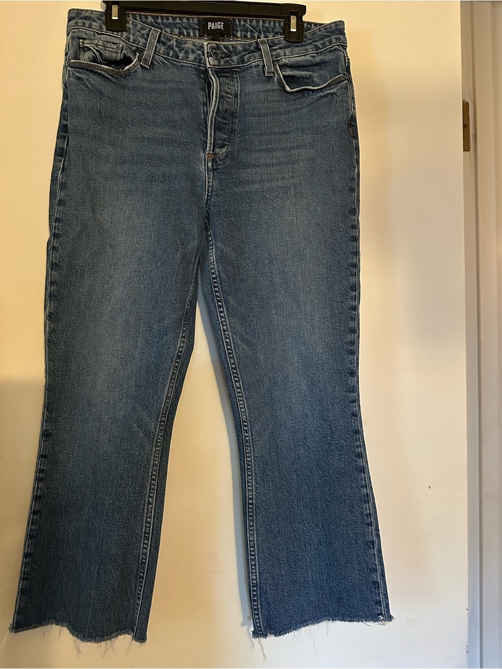 PAIGE Medium Blue Cropped Raw-Hem Jeans